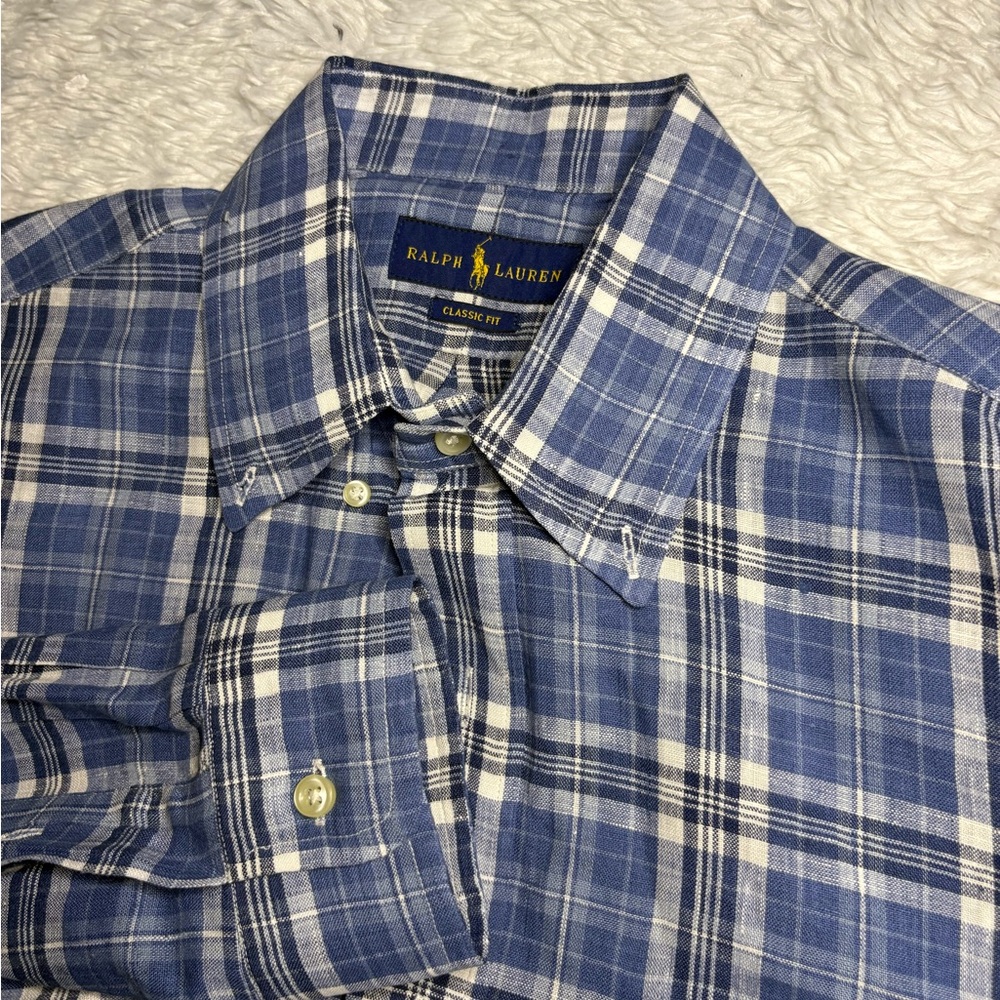 POLO RALPH LAUREN Blue - White Plaid Button Down Long Sleeve
100% Linen Shirt M